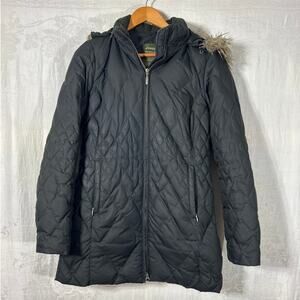 Eddie Bauer Puffer Coat Small Black Goose Down Faux Fur Lined Hood Long Length